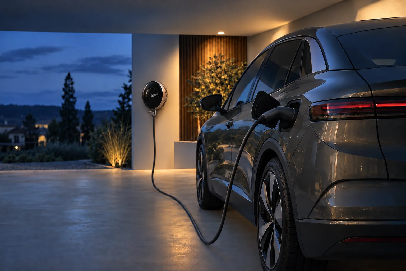Illustrative Ladeszene mit runder Wallbox und sichtbarer 11.0-kW-Anzeige