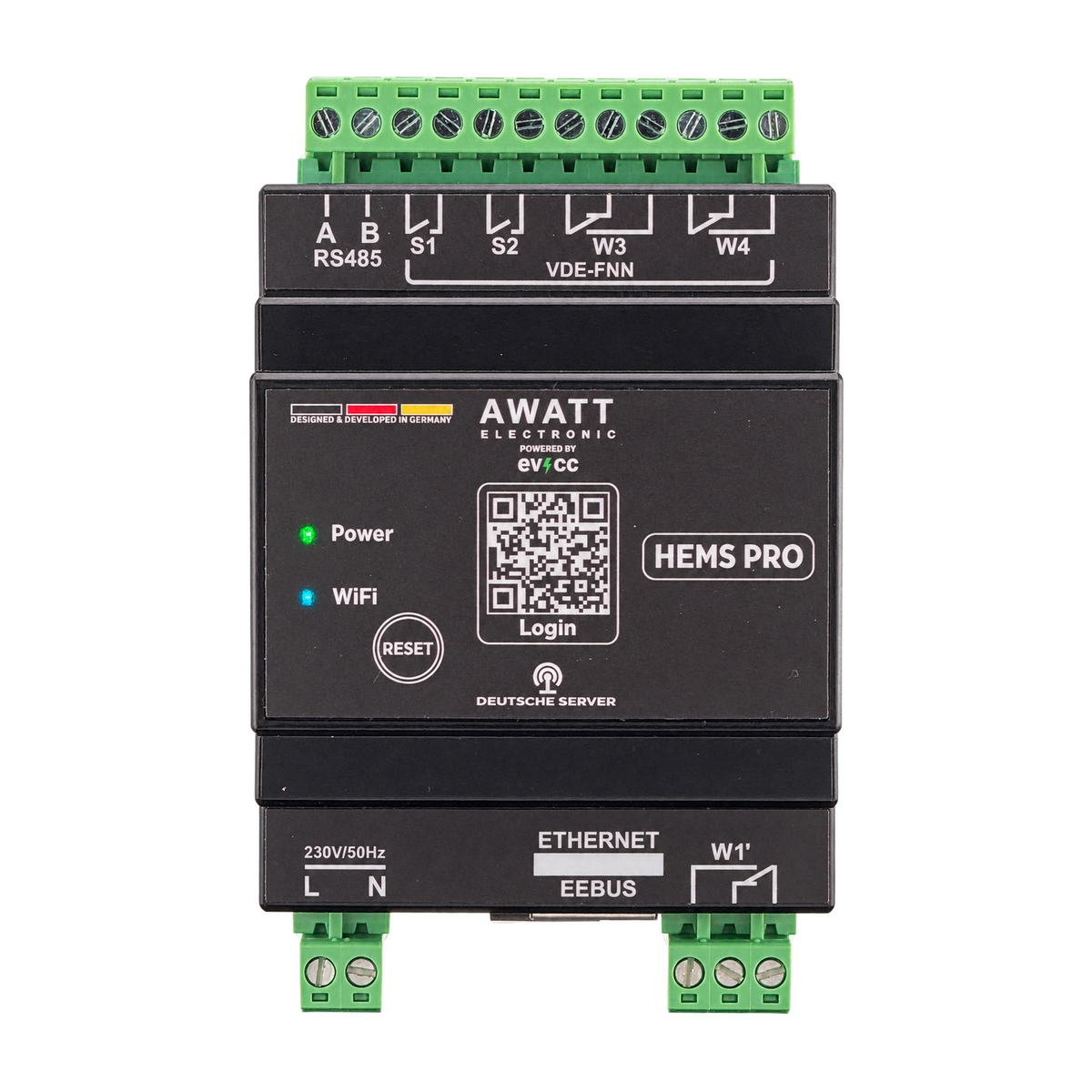 HEMS PRO – ausgerichtete Frontansicht mit grüner Power- und blauer WLAN-Anzeige