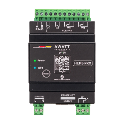 HEMS PRO – ausgerichtete Frontansicht mit grüner Power- und blauer WLAN-Anzeige
