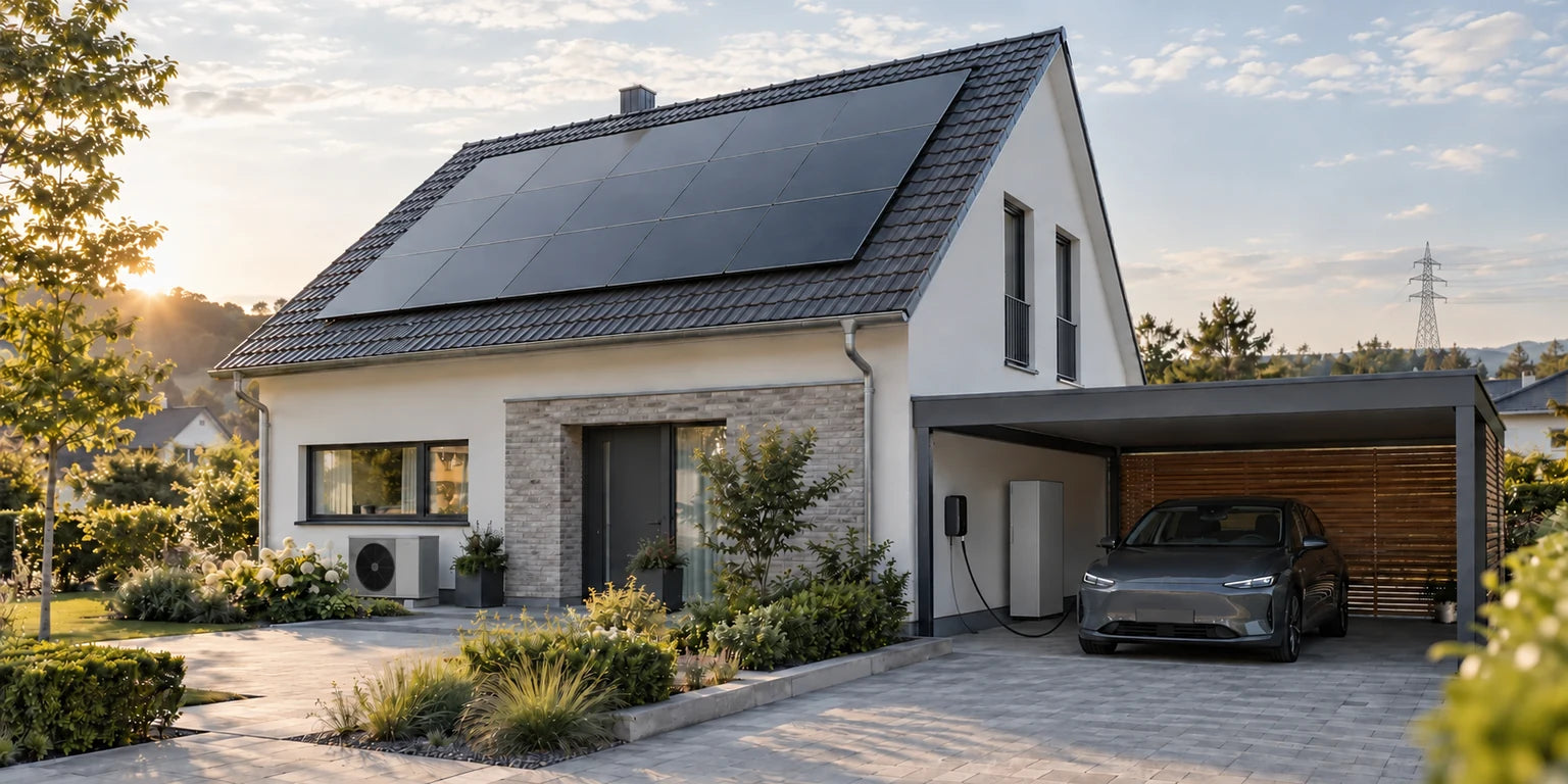Beispielhaus mit Solardach, Wärmepumpe, Batteriespeicher und Elektroauto; Strommast im Hintergrund