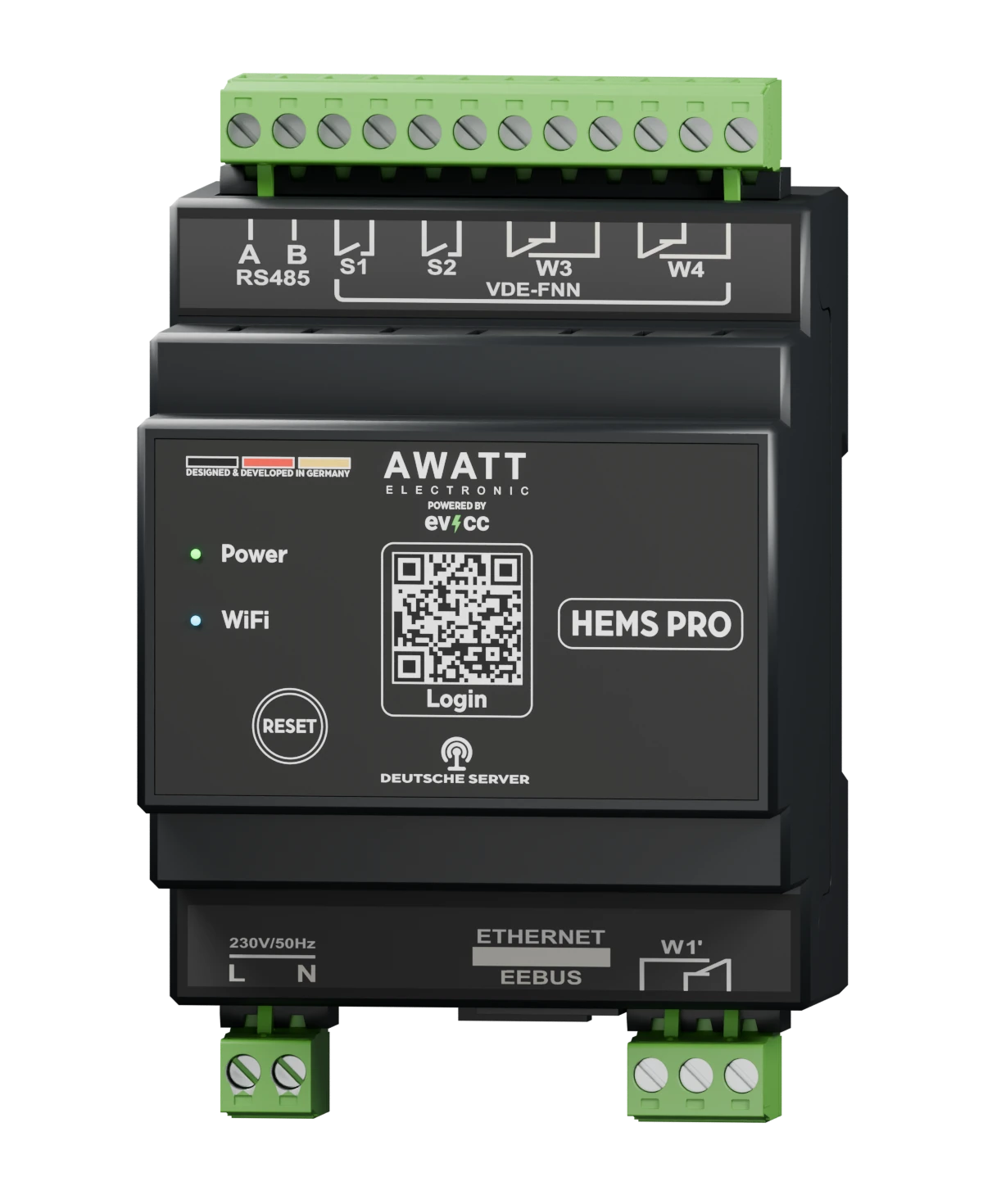 HEMS PRO mit originaler Frontbeschriftung, grüner Power- und blauer WLAN-Anzeige in räumlicher Produktansicht